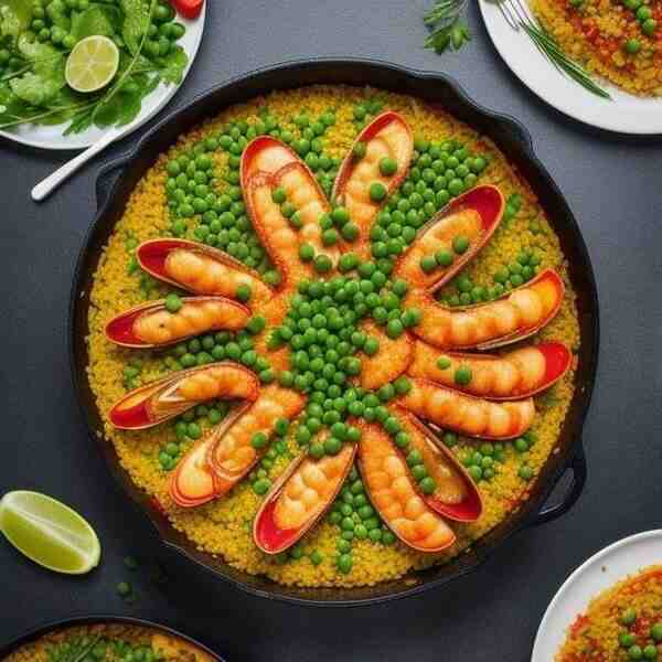 Паэлья с морепродуктами и зелёным горошком